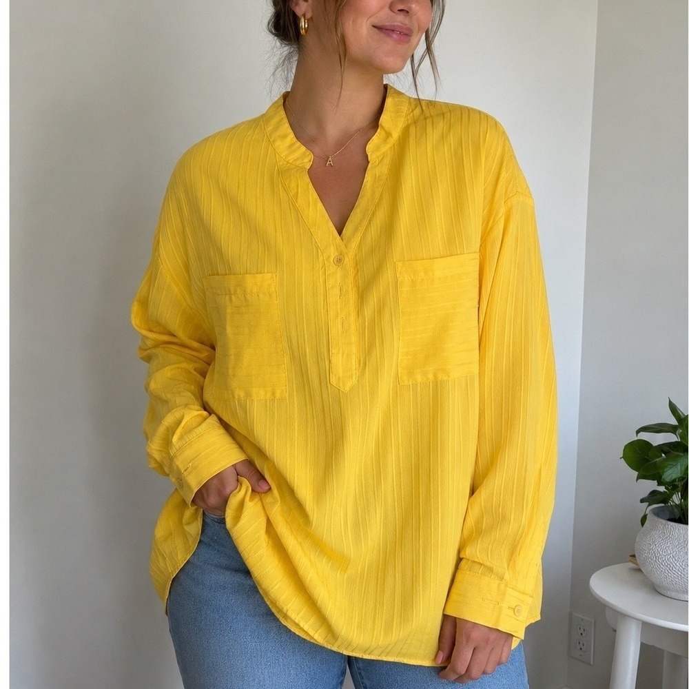 Yellow Textured Stripe Tunic Blouse 1XL Split V-Neck Button Front Long Sleeve